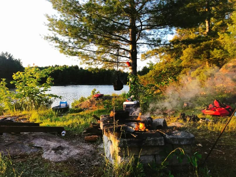 camping trip, fire by the lake